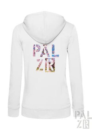 Weiße Kapuzenjacke mit farbenfrohem ’palzir’-Grafikdesign auf dem Rücken.