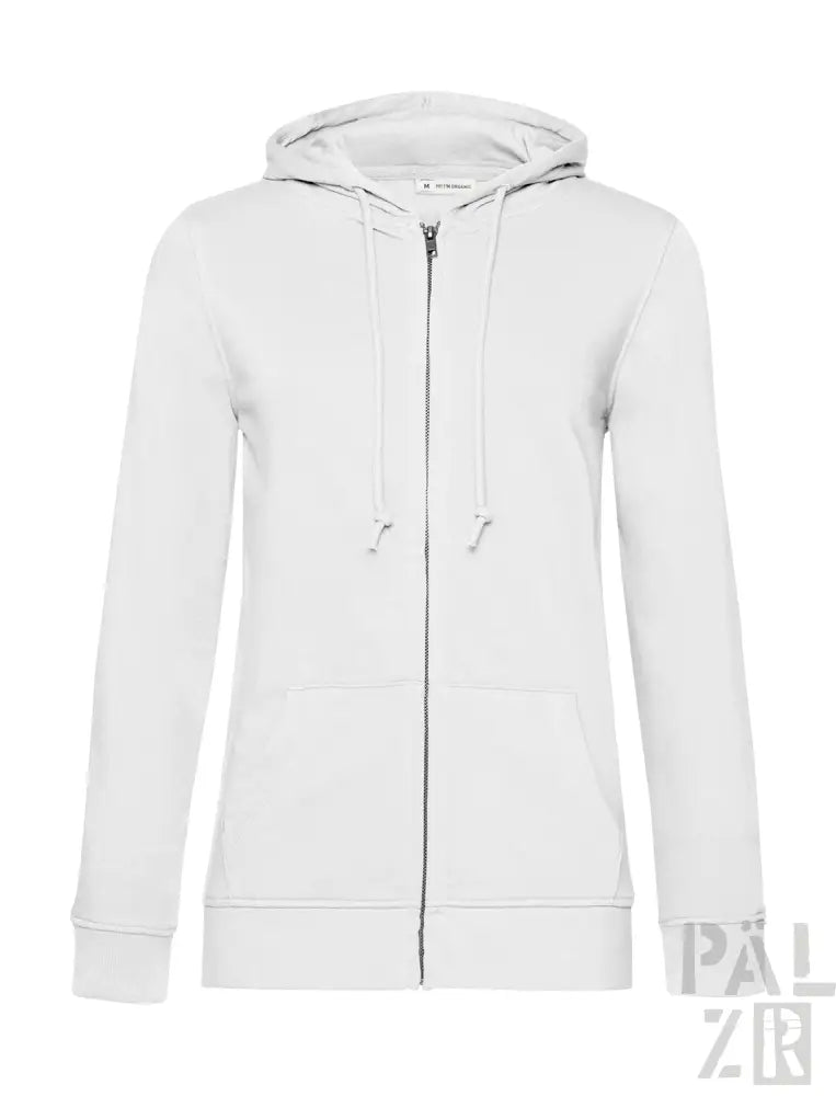 Weiße Kapuzenjacke mit Reißverschluss, Kordelzug-Kapuze und langen Ärmeln.