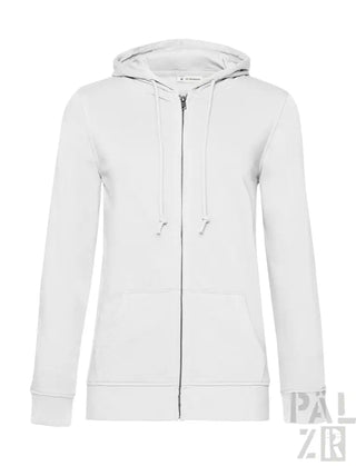 Weiße Kapuzenjacke mit Reißverschluss, Kordelzug-Kapuze und langen Ärmeln.