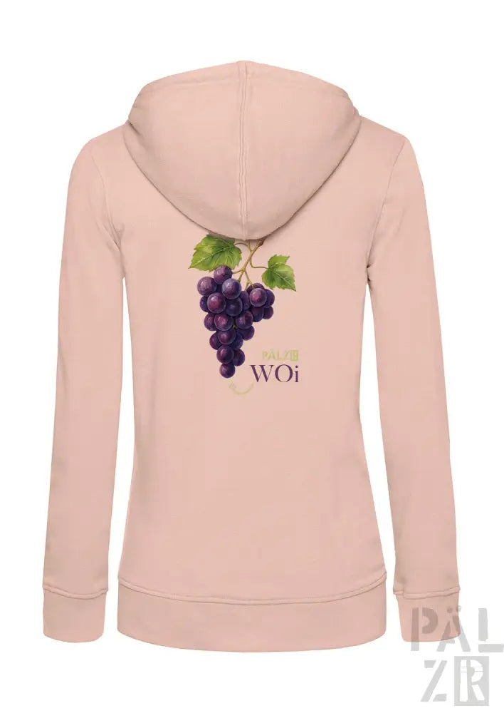 Hellrosa Kapuzenpulli mit Reißverschluss, Trauben-Design und Text „woi“.