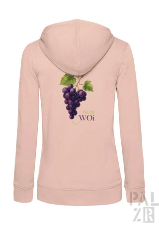 Hellrosa Kapuzenpulli mit Reißverschluss, Trauben-Design und Text „woi“.