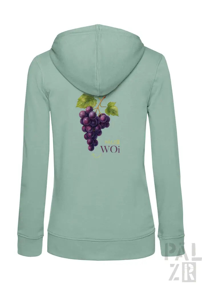 Minzgrüner Reißverschluss-Hoodie mit Design aus lila Trauben und Blättern, Text ’woi’.