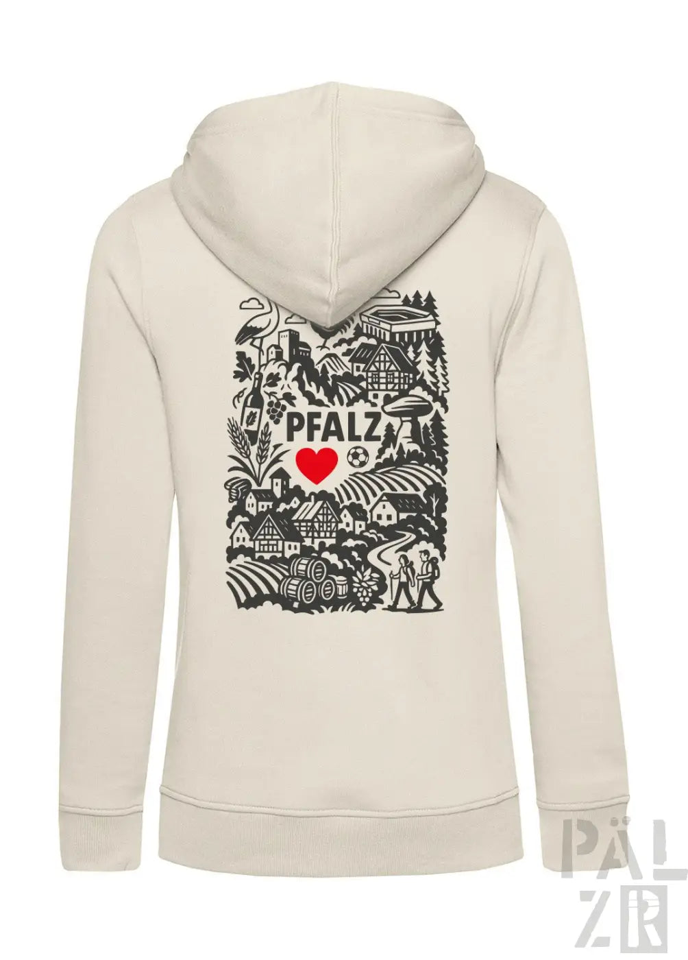Cremeweiße Kapuzenjacke mit schwarz-rotem Design, das den Text „pfalz“, ein Herzsymbol und verschiedene Illustrationen zeigt.