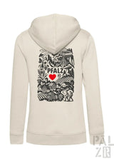 Cremeweiße Kapuzenjacke mit schwarz-rotem Design, das den Text „pfalz“, ein Herzsymbol und verschiedene Illustrationen zeigt.