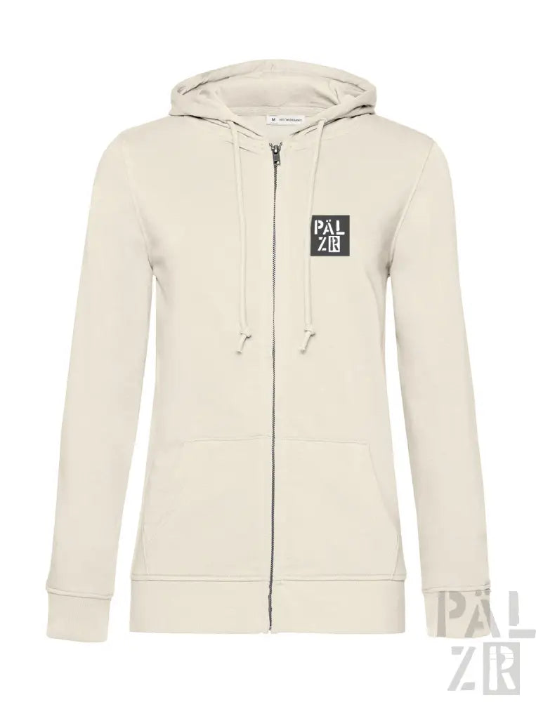 Cremefarbene Kapuzenjacke mit Reißverschluss und schwarzem „palzie“-Logo auf der Brust.