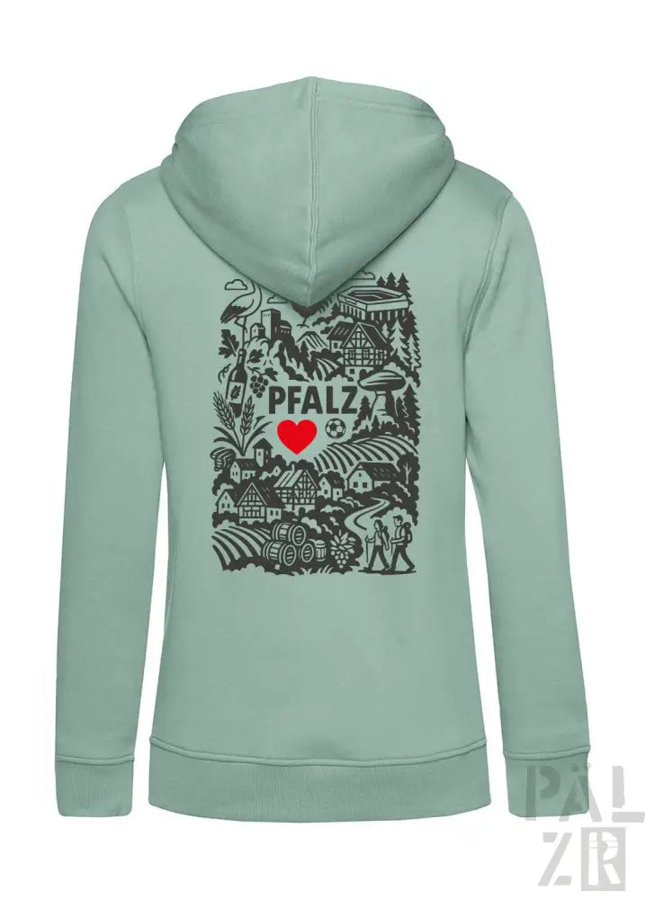 Minzgrüner Hoodie mit schwarz-rotem Design, das den Text „pfalz“, ein Herzsymbol und folkloristisch inspirierte Muster zeigt.