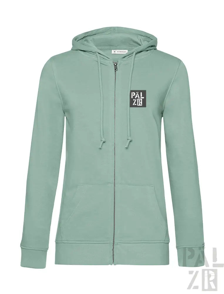 Minzgrünes Kapuzen-Sweatshirt mit Reißverschluss und ‚palzie‘-Logo auf der Brust.