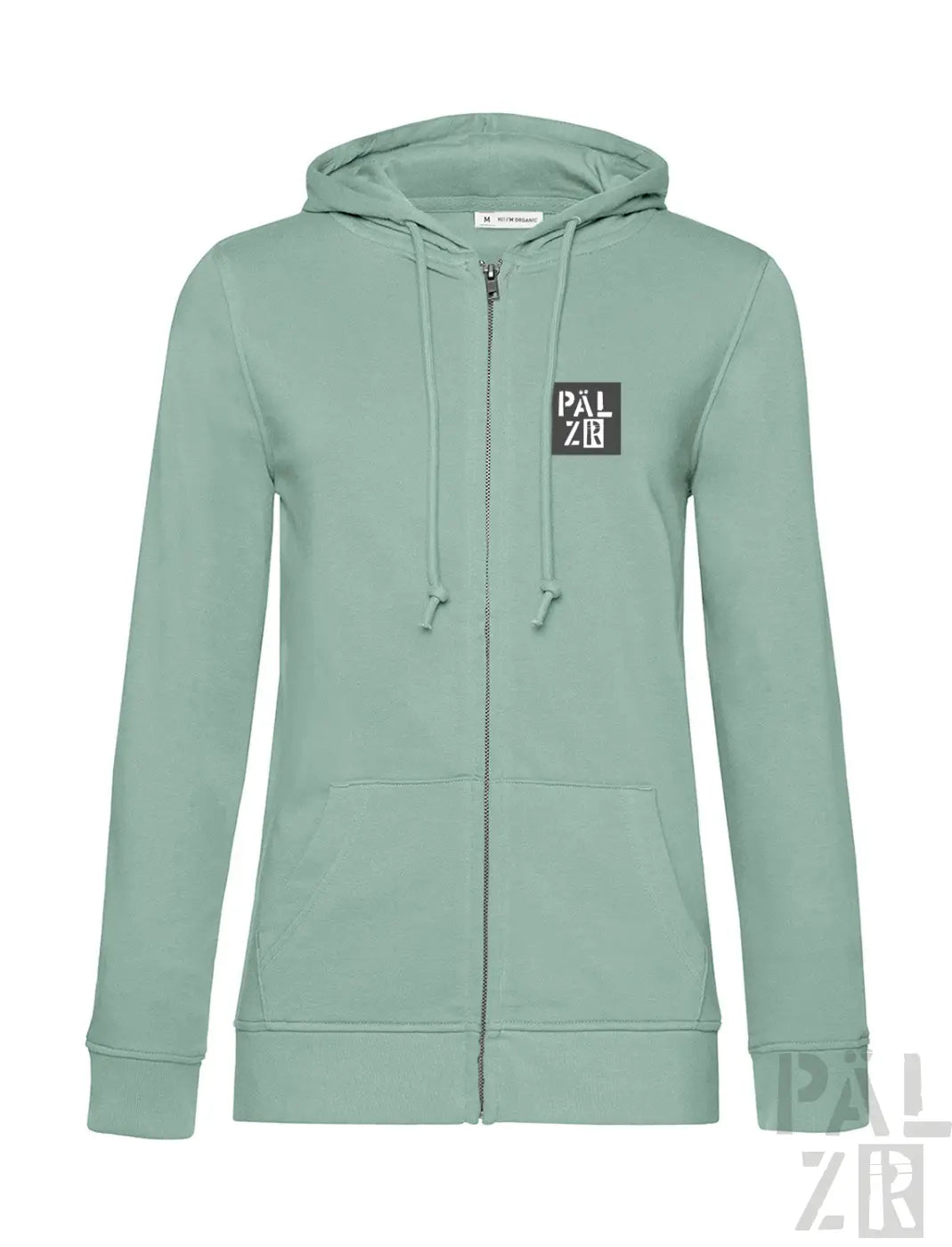 Minzgrünes Kapuzen-Sweatshirt mit Reißverschluss und ‚palzie‘-Logo auf der Brust.