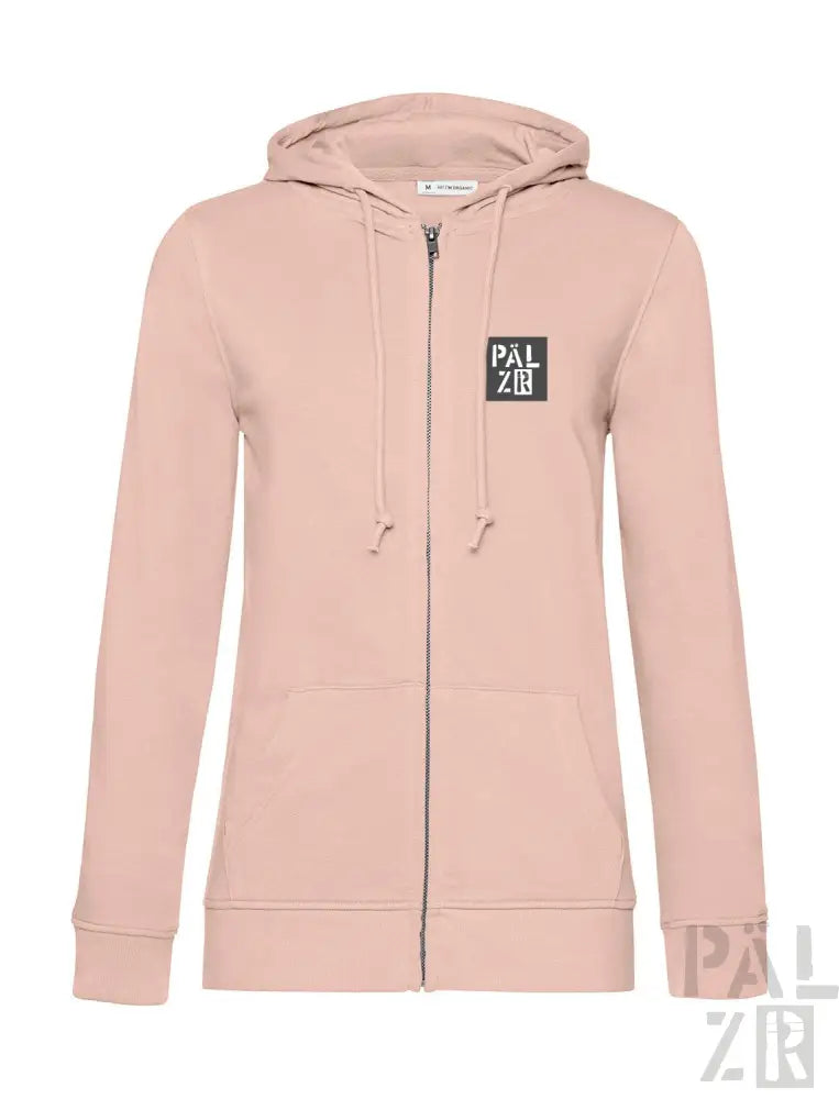 Rosa Kapuzenpulli mit Reißverschluss, schwarzem Logo und Kordelkapuze.