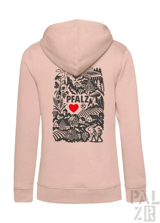 Rosa Kapuzenpulli mit Reißverschluss, schwarzem ’Pfalz’-Design und Herz-Motiv.