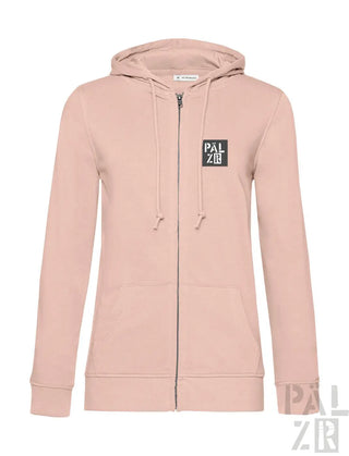 Rosa Kapuzenpulli mit Reißverschluss, schwarzem Logo und Kordelkapuze.