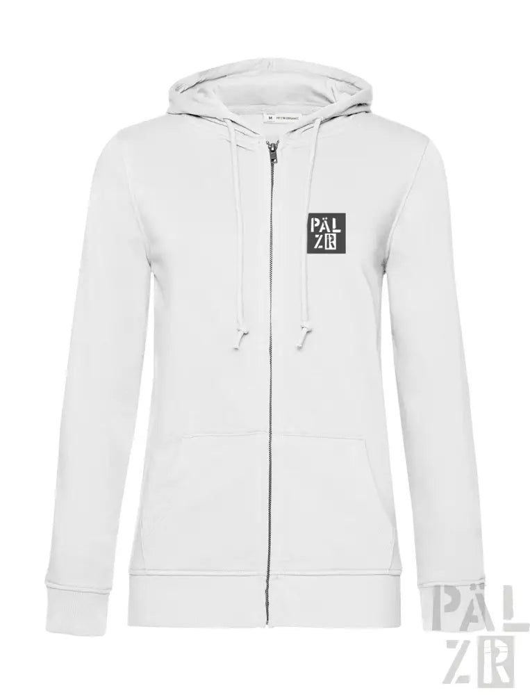 Weiße Kapuzenjacke mit Reißverschluss und schwarzem „palzie“-Logo auf der Brust.