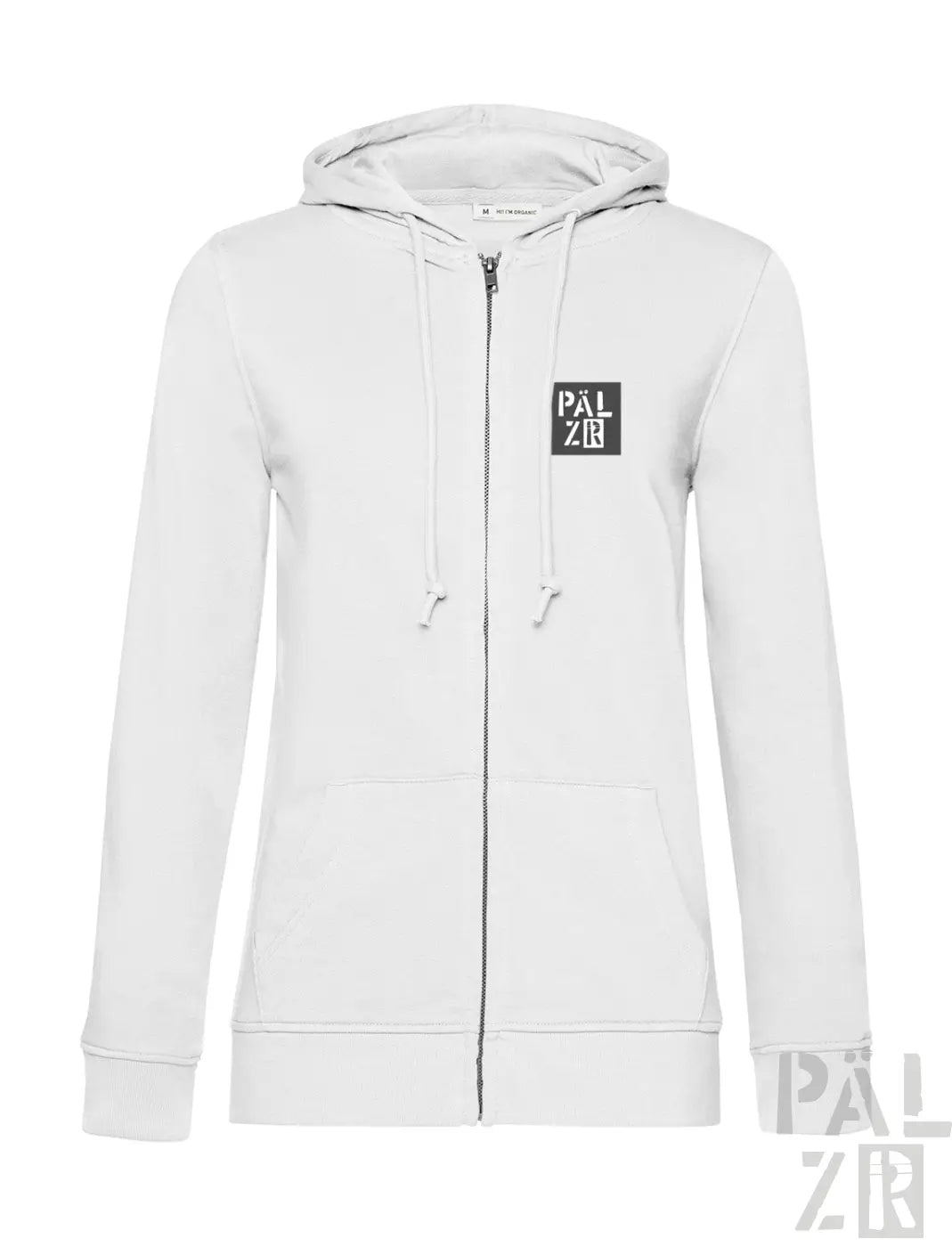 Weiße Kapuzenjacke mit Reißverschluss und schwarzem „palzie“-Logo auf der Brust.