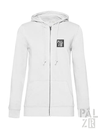 Weiße Kapuzenjacke mit Reißverschluss und schwarzem „palzie“-Logo auf der Brust.