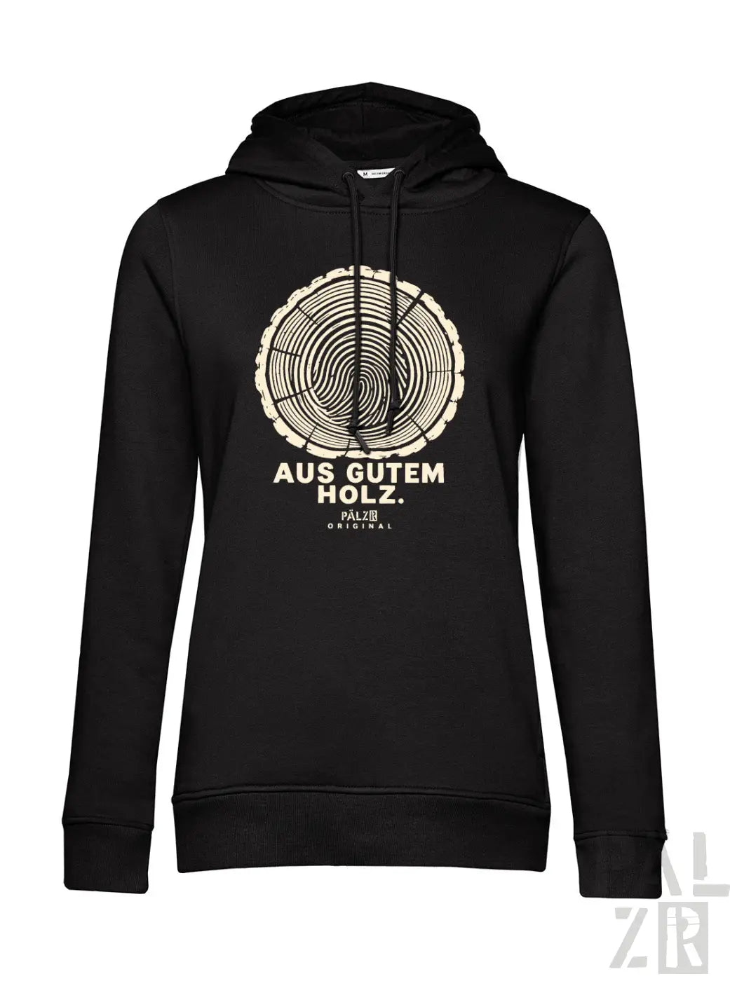Frauen hoodie in schwarz mit beigem holzmaserungsdesign aus gutem holz text und palzib original print