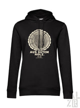 Frauen hoodie in schwarz mit beigem holzmaserungsdesign aus gutem holz text und palzib original print