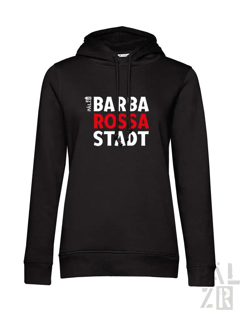 Schwarze Kapuzenpulli mit ’barba rossa stadt’ Text in Rot und Weiß, aus Kapuzen-Sweatshirt-Material.