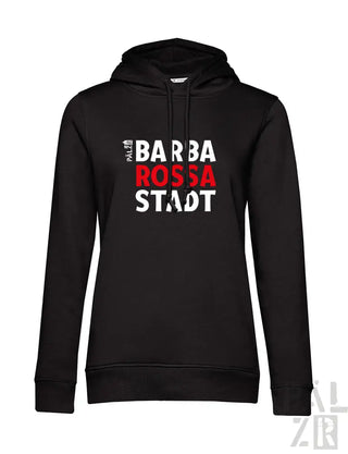 Schwarze Kapuzenpulli mit ’barba rossa stadt’ Text in Rot und Weiß, aus Kapuzen-Sweatshirt-Material.