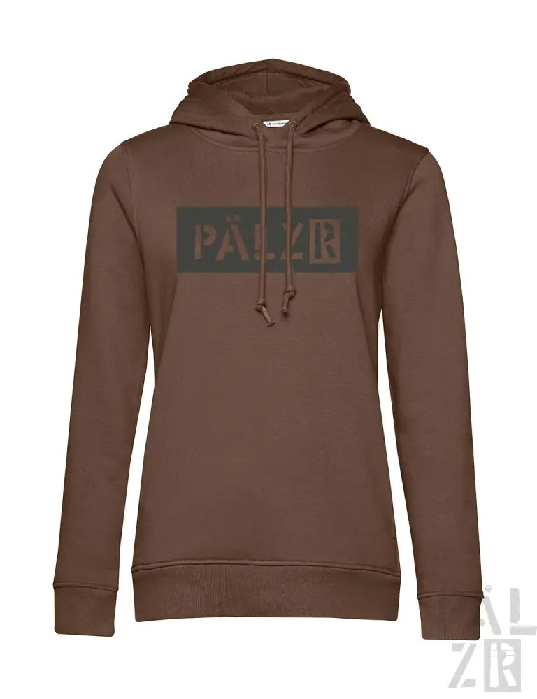 Brauner Hoodie mit grünem Logo und Kordelzügen, palzee Marke.