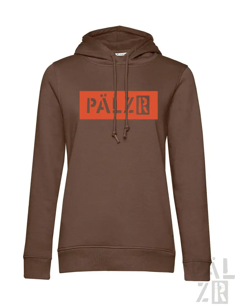 Braune Hoodie mit orange ’palzr’ Logo-Design, aus Baumwolle.