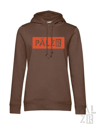 Braune Hoodie mit orange ’palzr’ Logo-Design, aus Baumwolle.