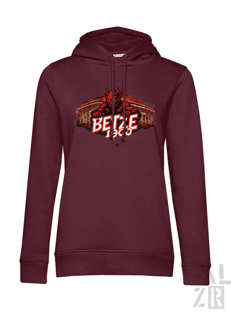 Bordeaux-Farbene Damen-Hoodie mit rotem Teufel-Grafik, Text „betze 1968“ und Stadion-Hintergrund.