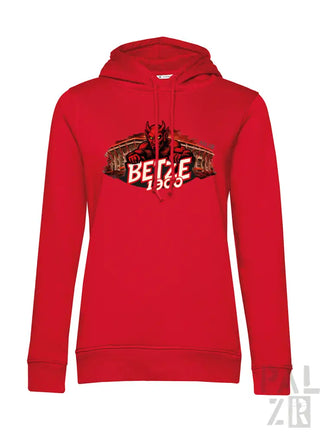 Rotes Damen-Hoodie mit einem Grafikmotiv eines Teufels und dem Text ’betze 1965’ auf der Brust.