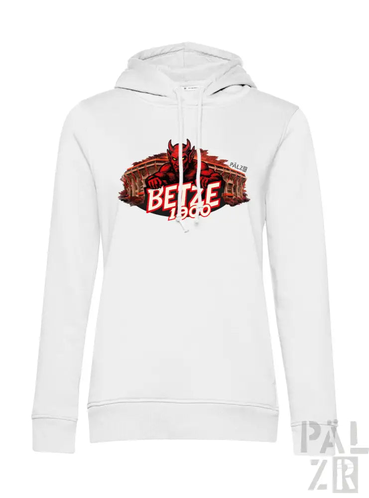 Weiße Kapuzen-Sweatshirt mit roter Teufel-Grafik, Text „betze 1800“ und architektonischem Hintergrund.