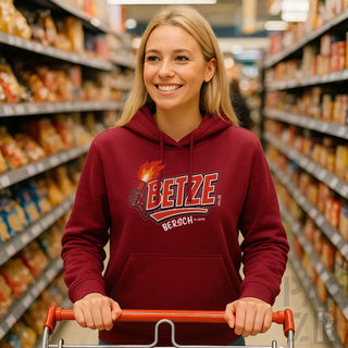 Bordeaux-Farbenes Hoodie mit Flammendesign und ’betze bersch’-Text, Polyester-Material.
