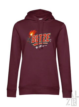 Bordeaux-Farbenes Hoodie mit Flammen-Grafik und ’betze’-Textdesign, wahrscheinlich aus Baumwolle oder Polyester-Mischung.
