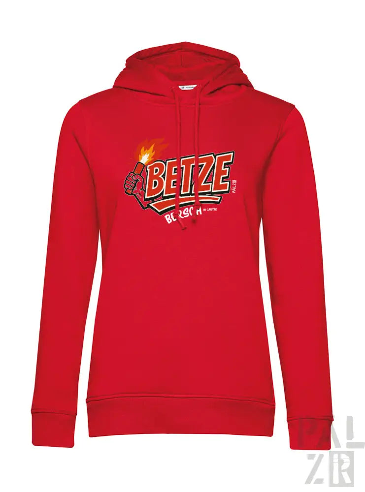 Roter Hoodie mit Betze-Logo und Flammen-Design, Material aus Baumwollmischung.