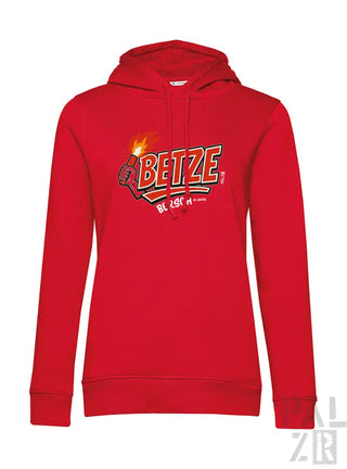 Roter Hoodie mit Betze-Logo und Flammen-Design, Material aus Baumwollmischung.