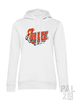 Weißes Hoodie mit ’beize’-Grafik und Flammendesign, Baumwollmaterial.
