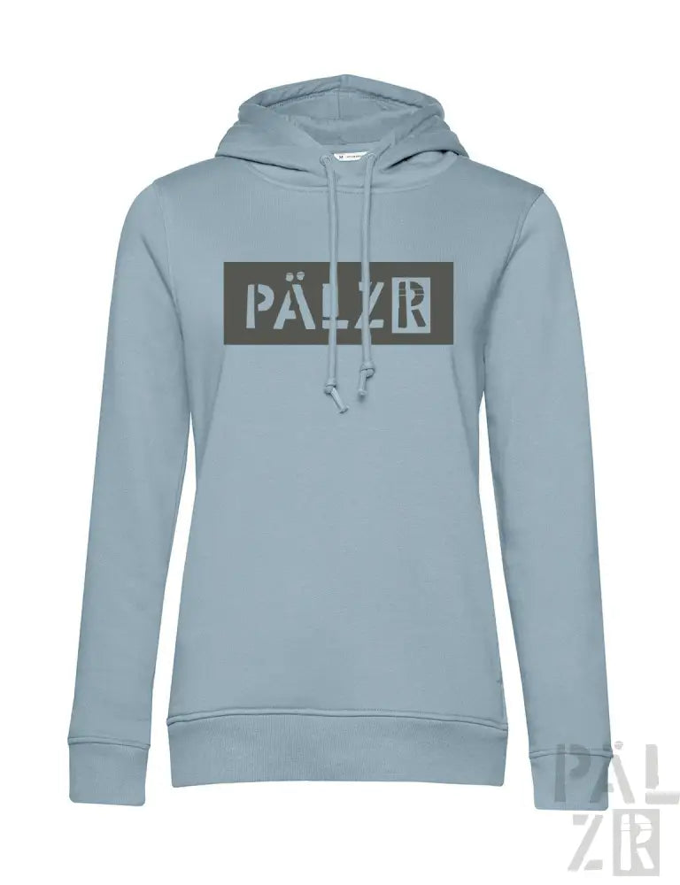 Hellblaues Hoodie mit ’pälzr’-Logo in dunklem grauem Box-Design.