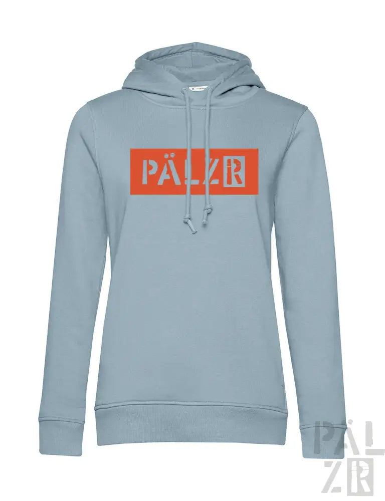 Hellblaues Hoodie mit orangem „palzr“-Logo und Kordelzügen.