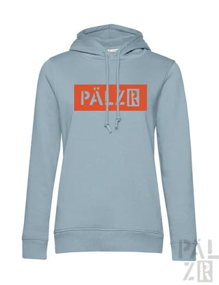 Hellblaues Hoodie mit orangem „palzr“-Logo und Kordelzügen.