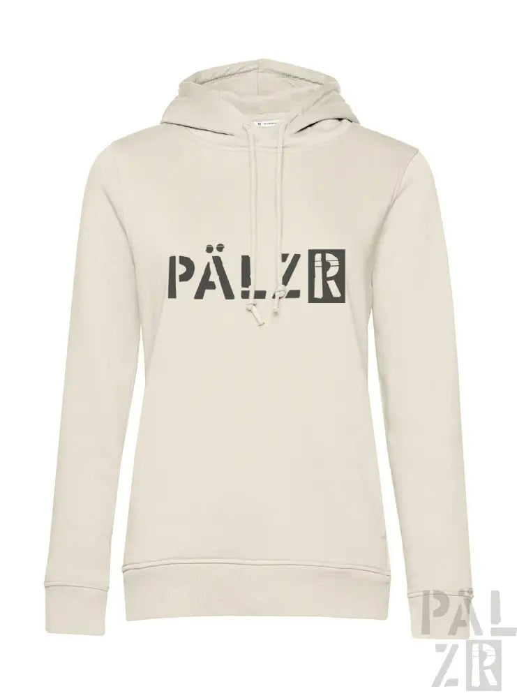 Creme-farbene Hoodie mit schwarzem „pälzr“-Logo, aus weichem Baumwollstoff.