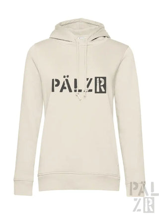 Creme-farbene Hoodie mit schwarzem „pälzr“-Logo, aus weichem Baumwollstoff.