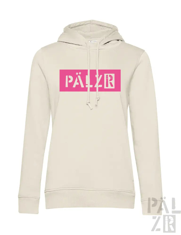 Cremeweißer Hoodie mit pinkem ’palzr’-Logo und Kordelkapuze.