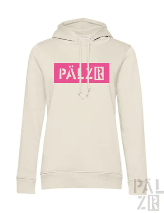 Cremeweißer Hoodie mit pinkem ’palzr’-Logo und Kordelkapuze.