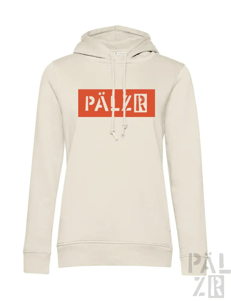 Creme-farbene Hoodie mit rotem ’palzr’-Logo und weißem Füße-Design.