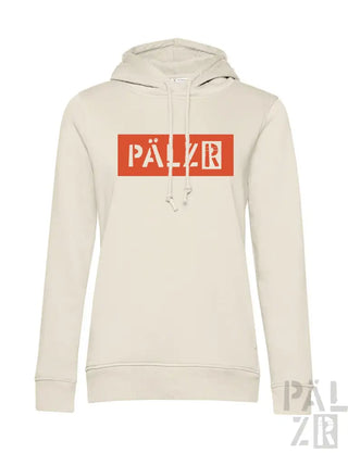 Creme-farbene Hoodie mit rotem ’palzr’-Logo und weißem Füße-Design.