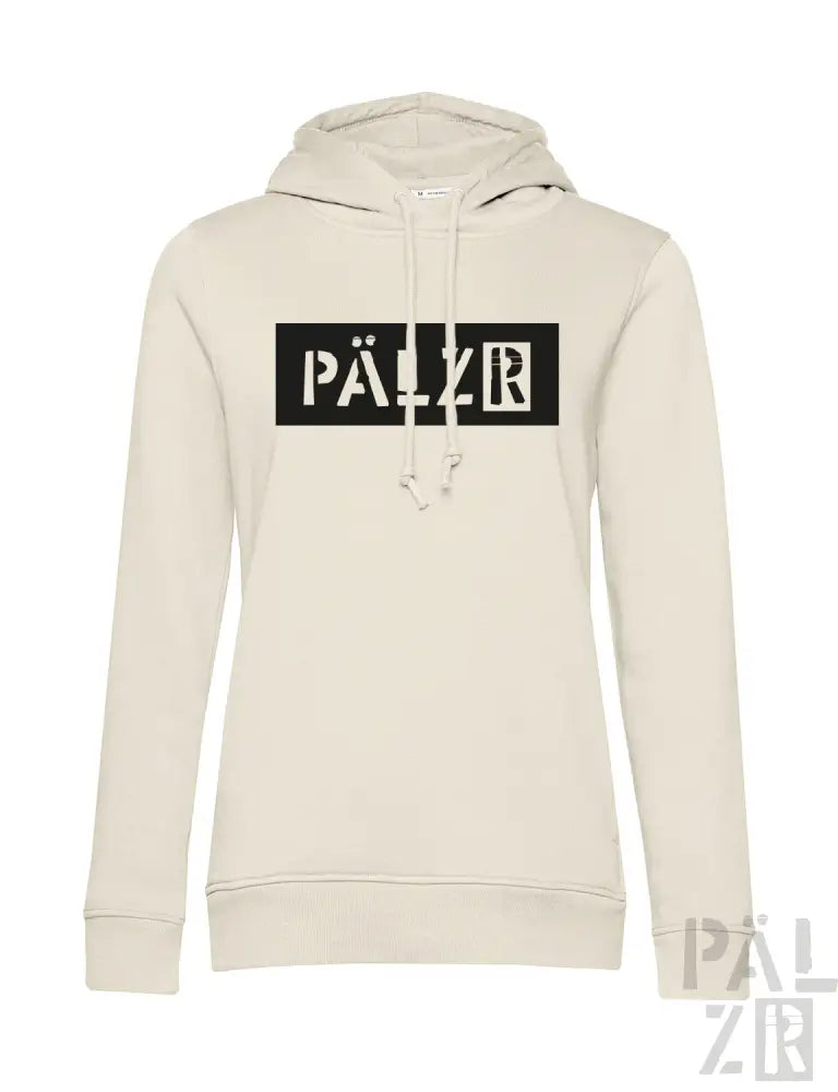 Cremeweiße Hoodie mit schwarzem ’palzr’-Logo-Design.