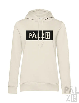 Cremeweiße Hoodie mit schwarzem ’palzr’-Logo-Design.