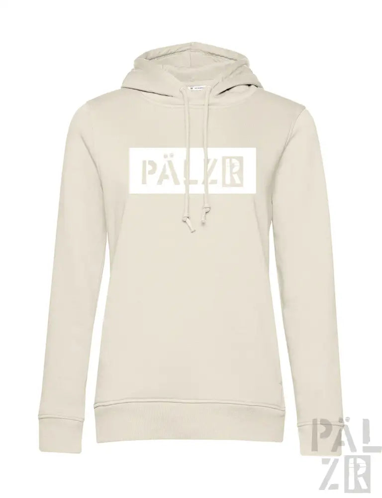 Cremeweiße Kapuzenjacke mit ’pälzr’-Logo und Kordelkapuze, aus Baumwolle gefertigt.