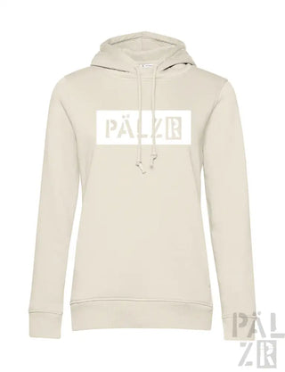 Cremeweiße Kapuzenjacke mit ’pälzr’-Logo und Kordelkapuze, aus Baumwolle gefertigt.