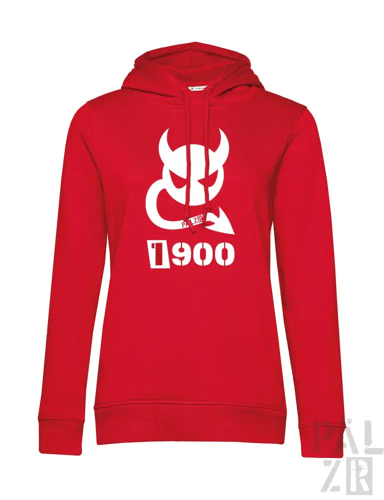 Rote Kapuzenjacke mit weißem Teufel-Design und ’1900’’-Text.