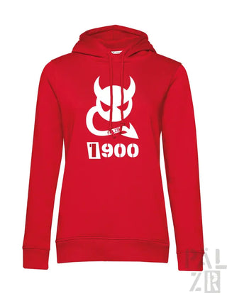 Rote Kapuzenjacke mit weißem Teufel-Design und ’1900’’-Text.