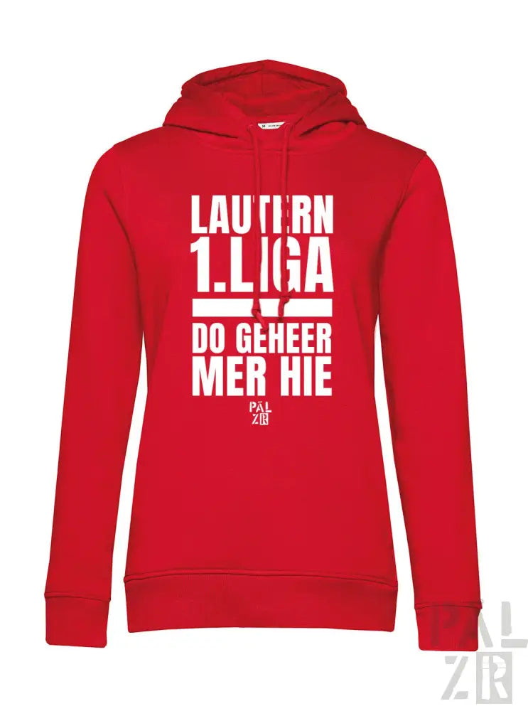 Rote Kapuzenjacke mit weißem Text und Design, mit „lautern 1“.