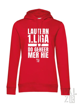 Rote Kapuzenjacke mit weißem Text und Design, mit „lautern 1“.